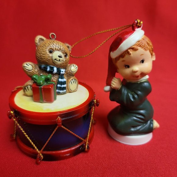 Vintage Christmas Ornaments Hard Plastic Santa Boy and Drummer Teddy Bear - Picture 1 of 12